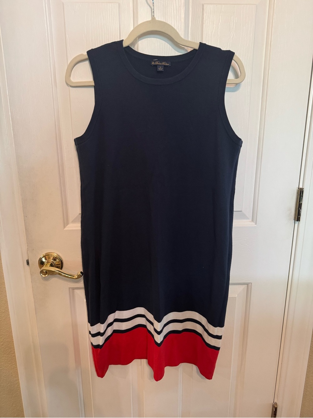 Brooks Brothers Sleeveless Knit Shift Dress Navy Red White Stripe Hem L